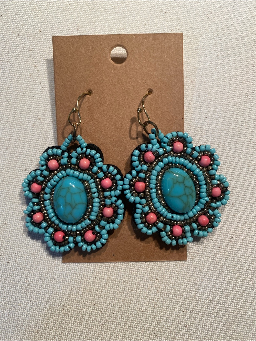 Turquoise & Pink Beaded Floral Drop Earrings